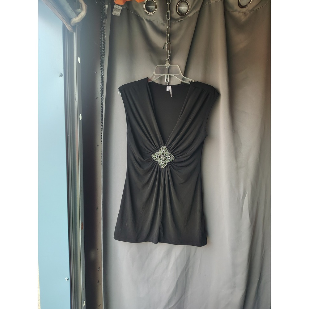 Studio Y Womens Black Ruched V-Neck Top Rhinestone Brooch Accent Size M